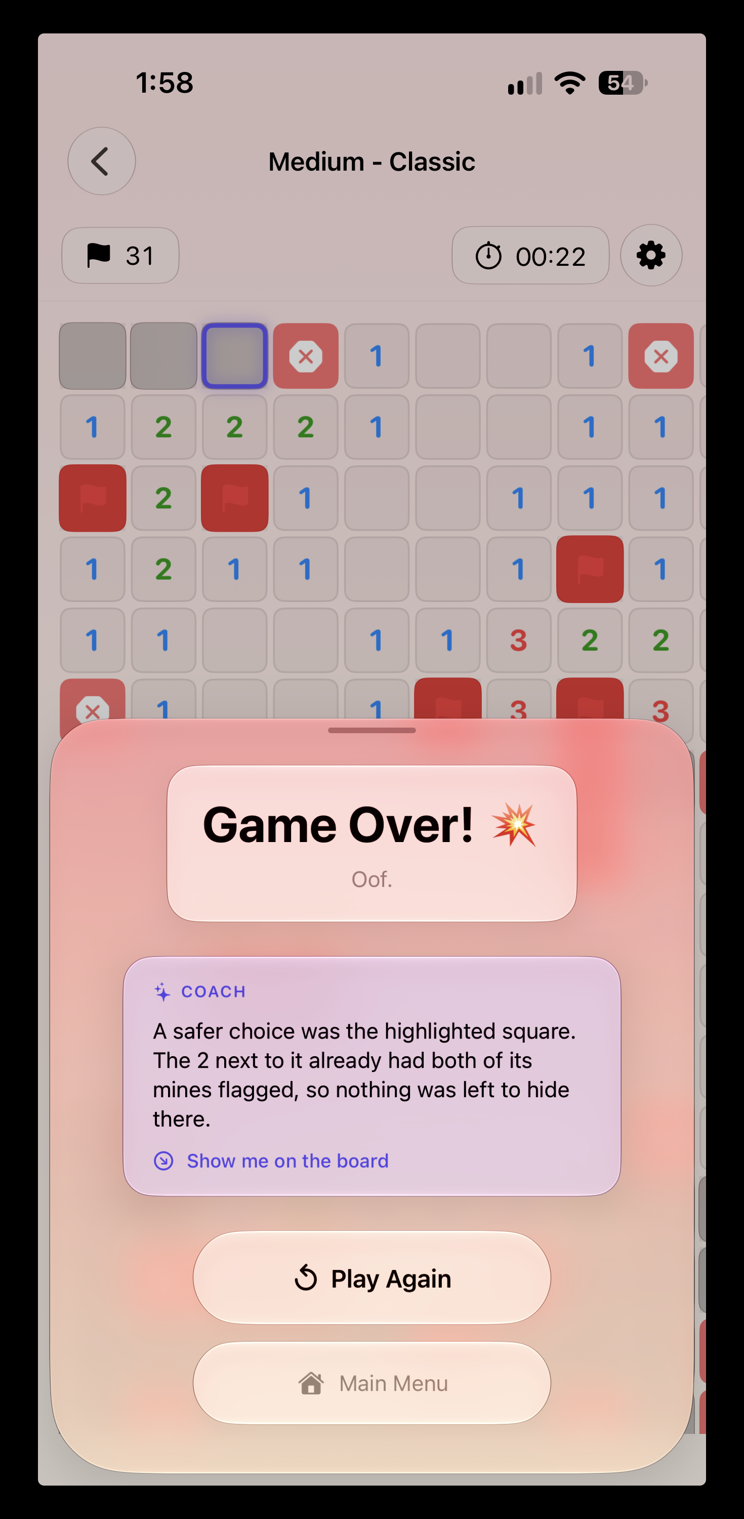 Apple Intelligence Coach explaining a safer move after a loss